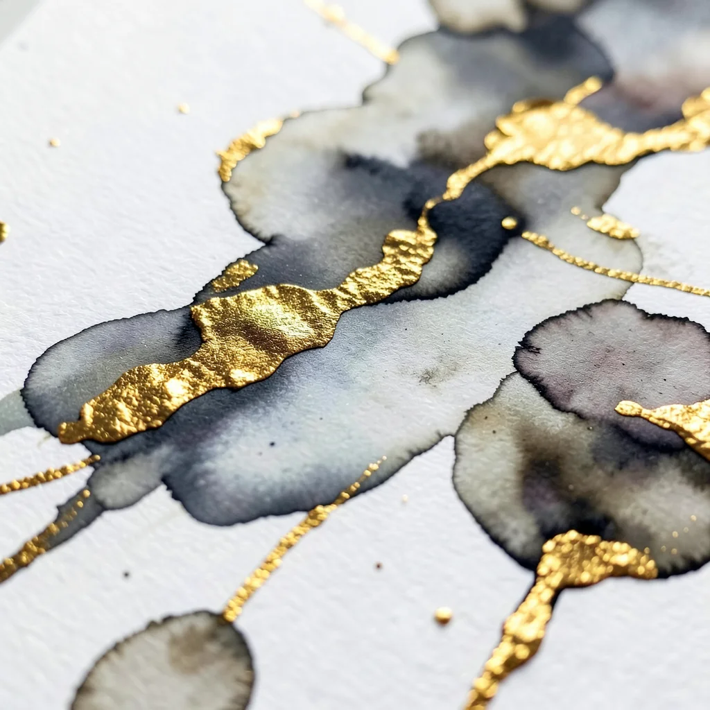 Alcohol ink on yupo paper, organic flowing shapes, gold leaf accents, macro