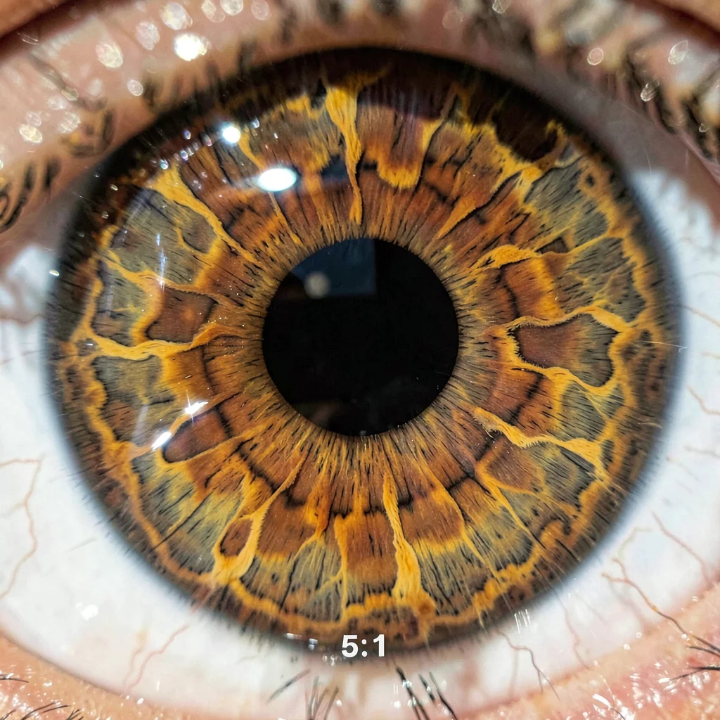The human iris at 5:1 magnification revealing crypts and furrows, amber and brow