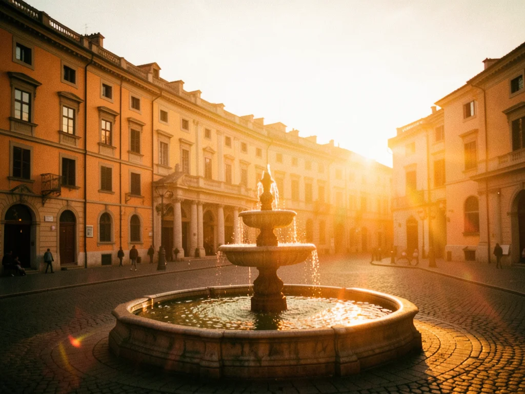 Old European square with fountain, golden light painting the building facades wa