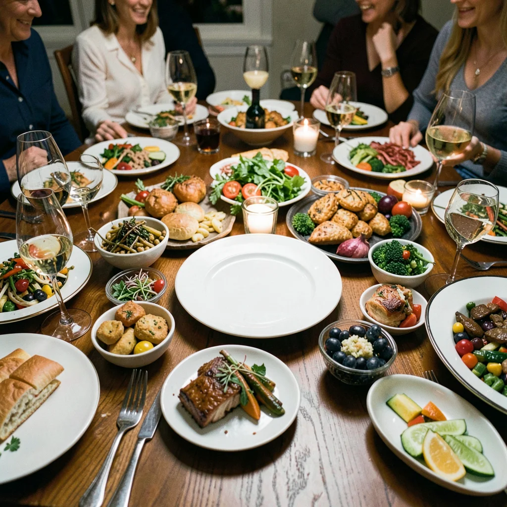 Empty plate centered on full table of food, abundance framing absence, dinner pa