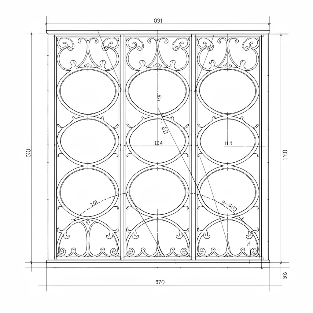 Blueprint elevation of an espalier training pattern on a wall, measured arcs and