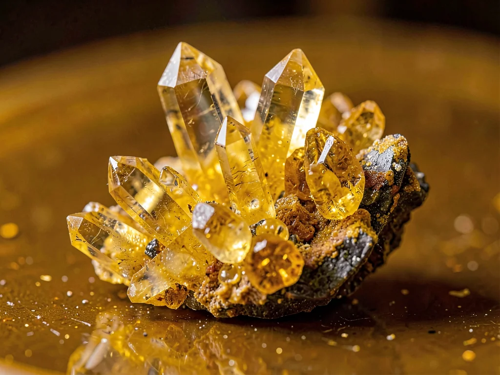 Citrine crystal cluster in golden amber