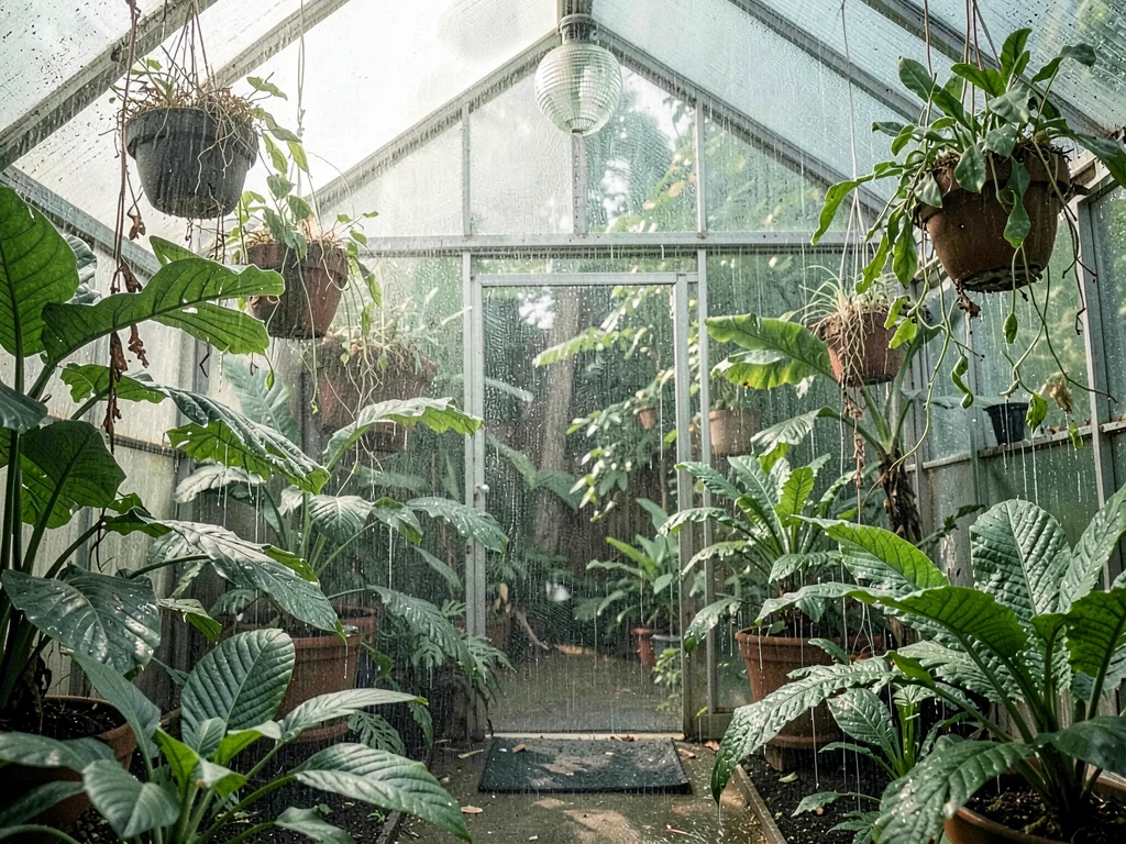 Tropical greenhouse interior, moisture visible in air, plants dripping