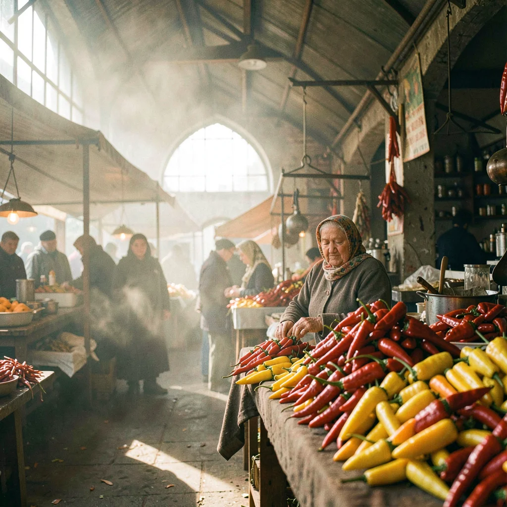 Humid atmospheric scene, Central European grandeur, Market stall displaying pyra