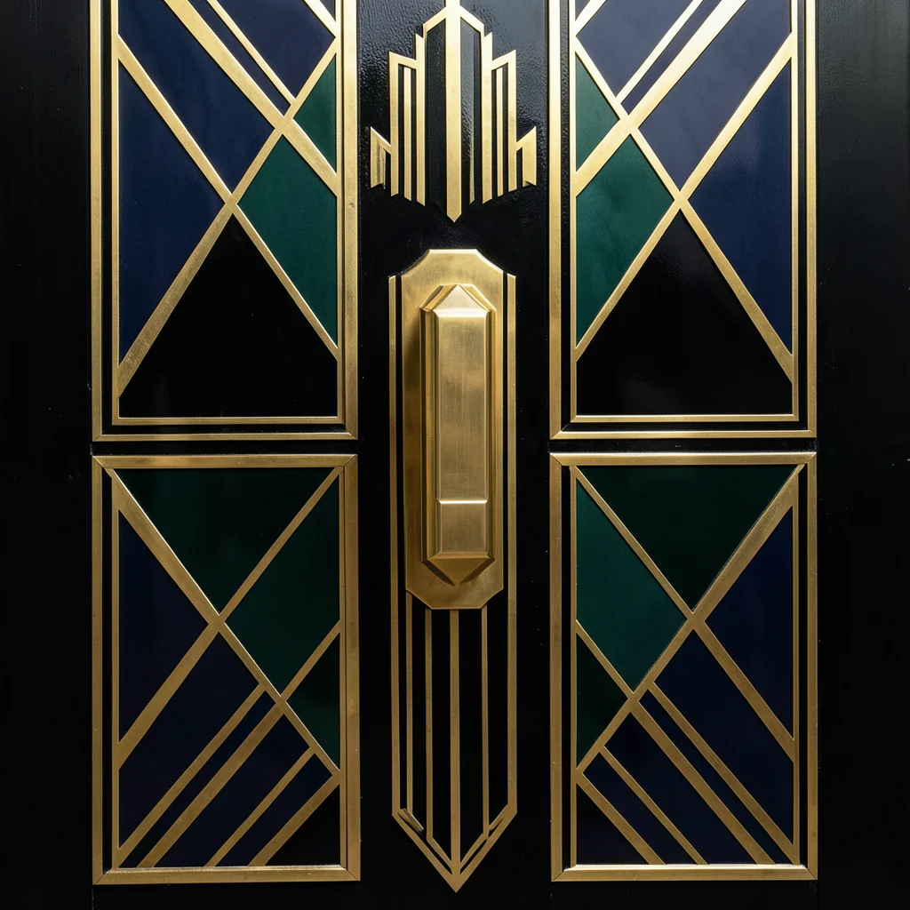 A door handle in the Deco style: a stepped geometric grip in polished brass on a