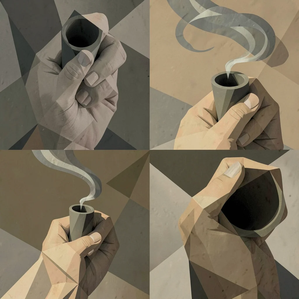 A hand holding a pipe — fingers from front and top simultaneously, smoke a grey 