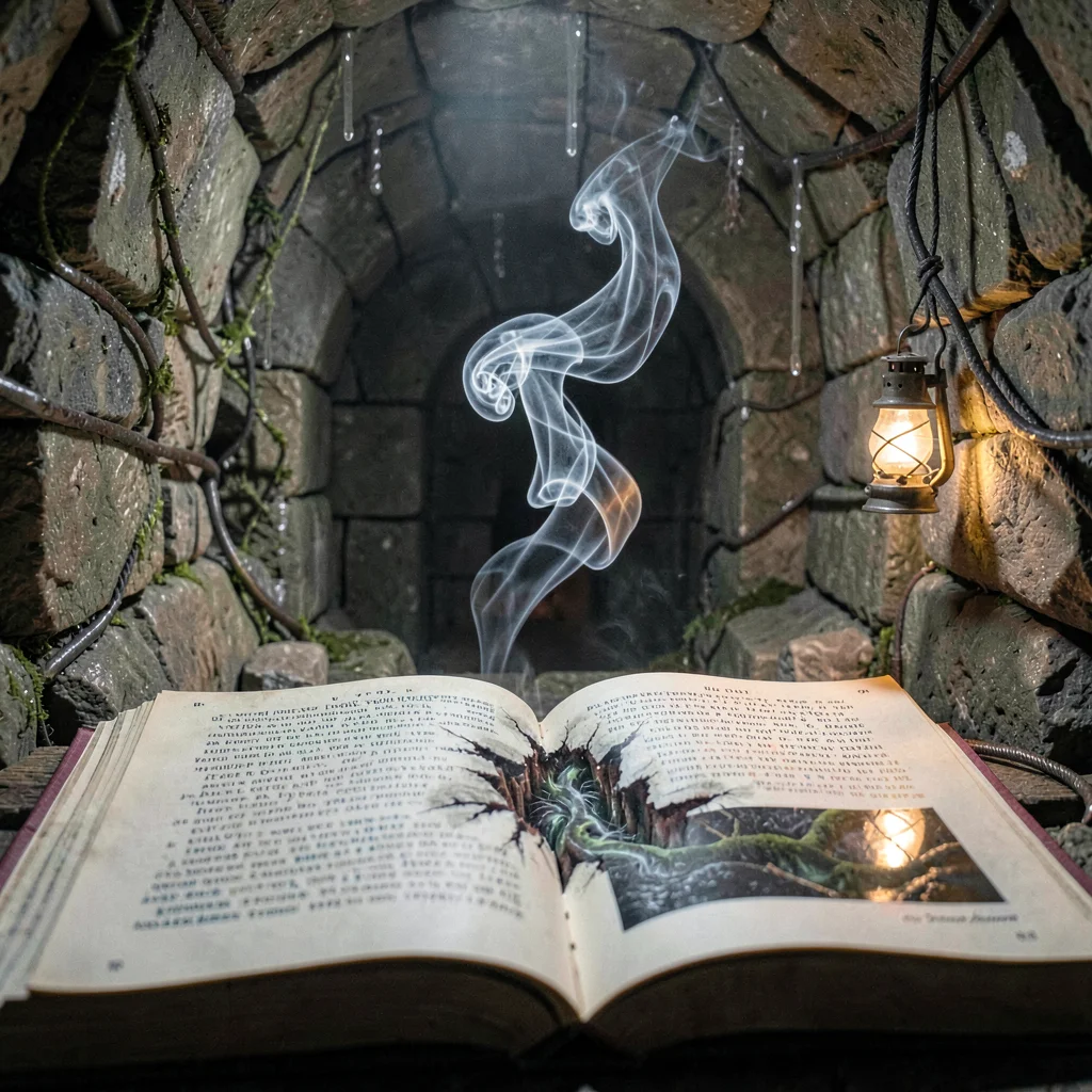Rulebook spread of a stone-cut chamber where rot-wardens seal a creeping fissure