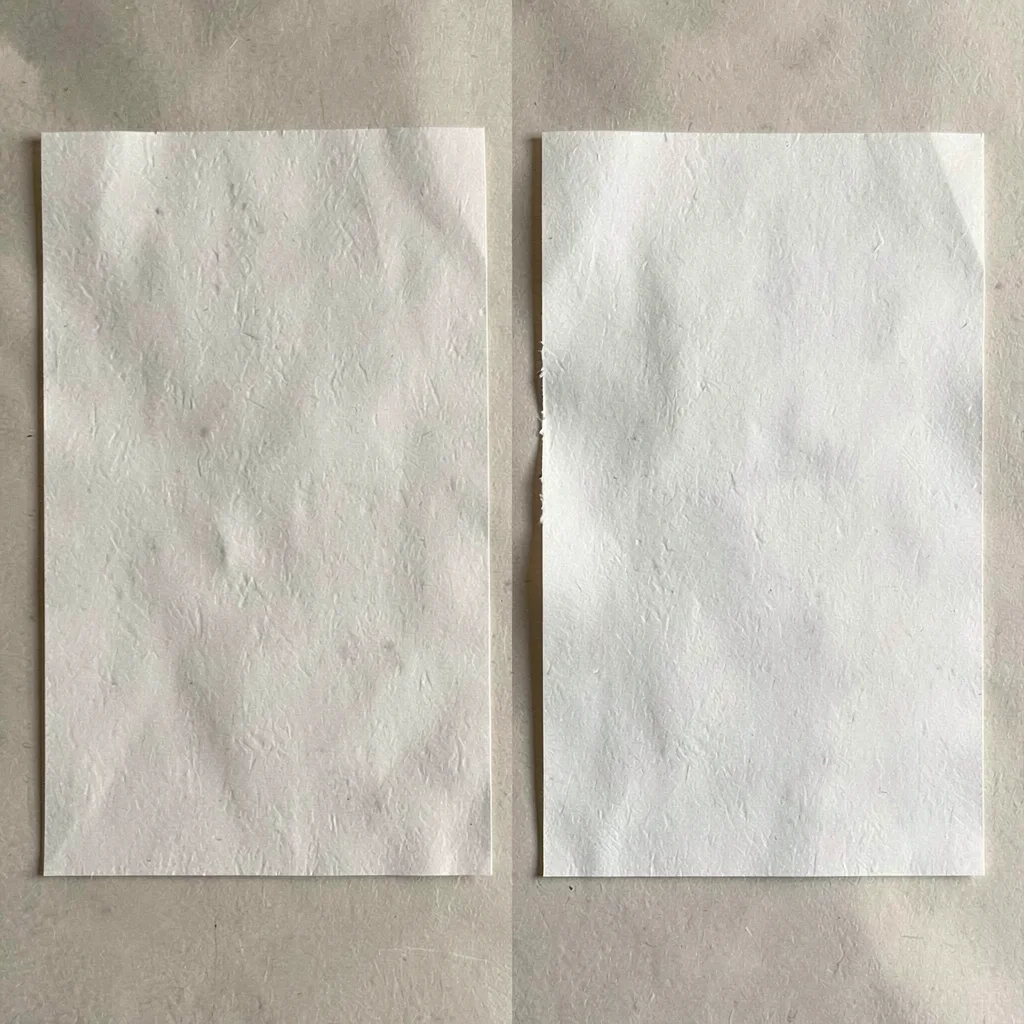 Side-by-side before-and-after pair of two abstract document plates separated by 