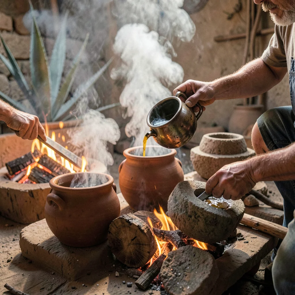 Oaxacan mezcal process, palenque atmosphere, Hands pouring mezcal from clay pot 