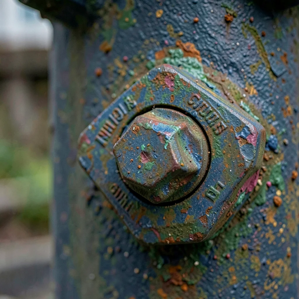 Fire hydrant pentagonal nut, paint layers visible at wear points