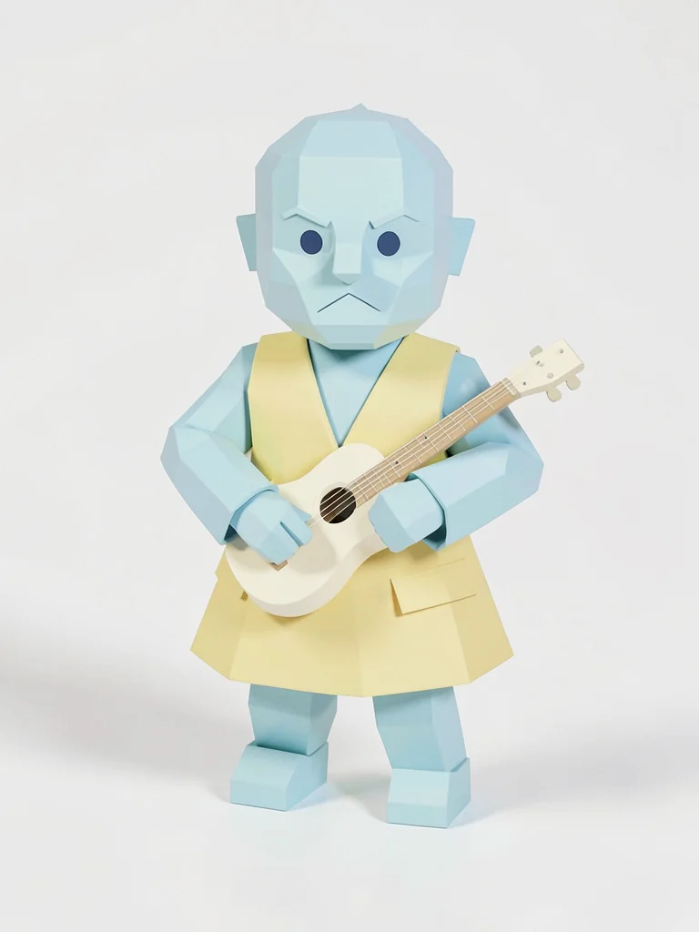 Lute-cradling sky-blue lowpoly bard character with a tiny cream lute and chunky 