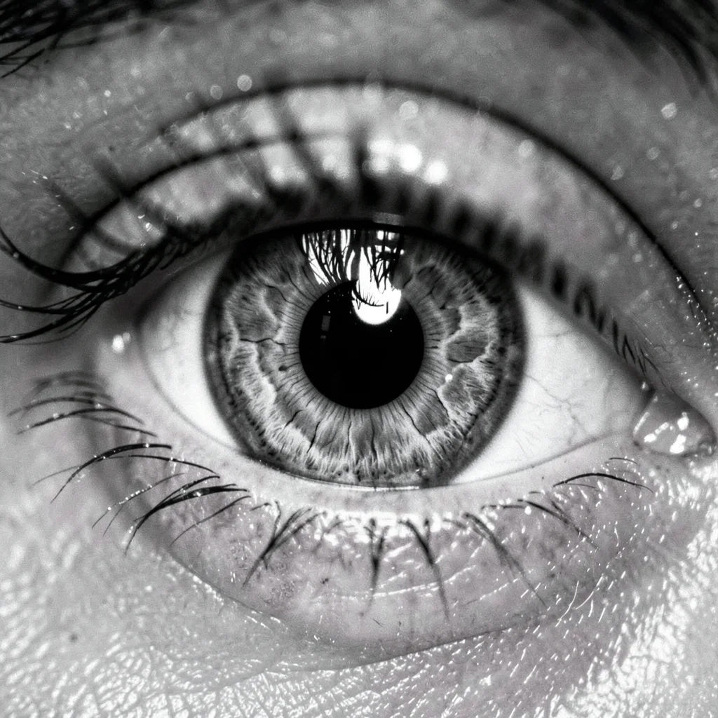 Extreme close-up of human eye, solarization making the iris glow and the white r