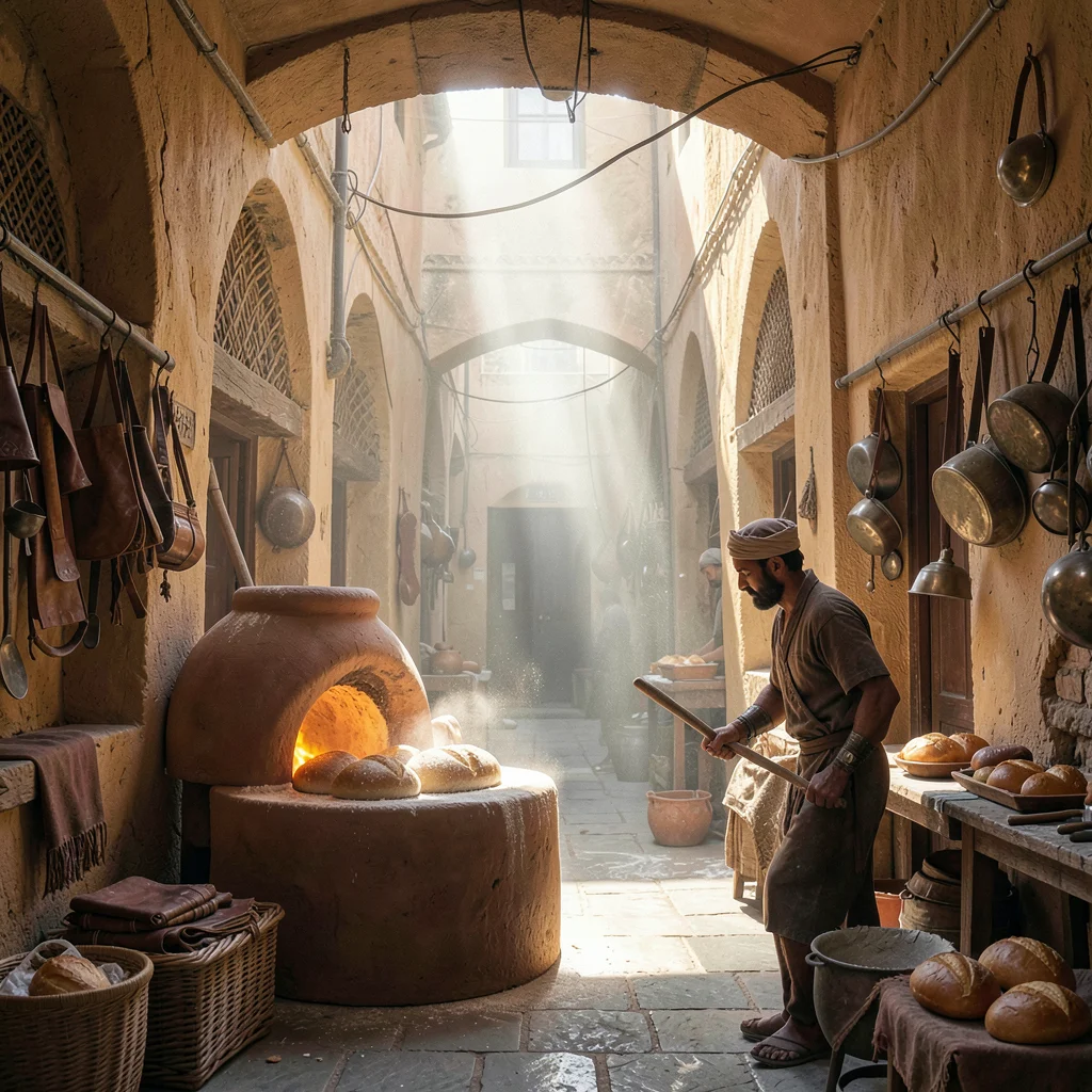 Fes medina light penetration, souk depth, baker pulling round bread from clay ov