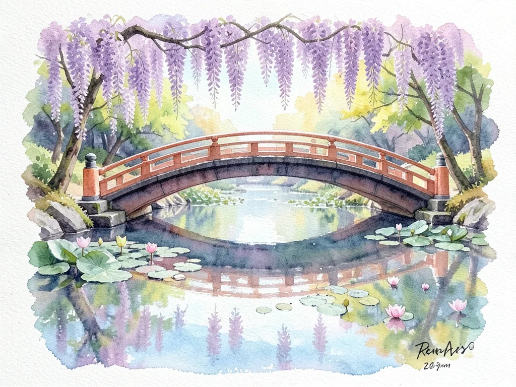 A Japanese bridge over a lily pond, wisteria hanging above, the water a mirror o