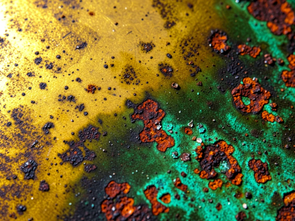 Brass plate slowly tarnishing, gradient from bright gold through brown to greeni