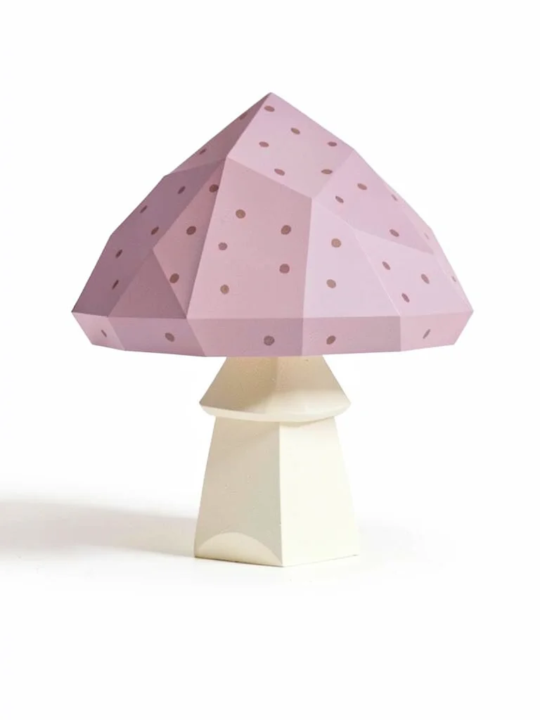 Capped lavender lowpoly mushroom with a faceted dusty-pink dotted cap and cream 