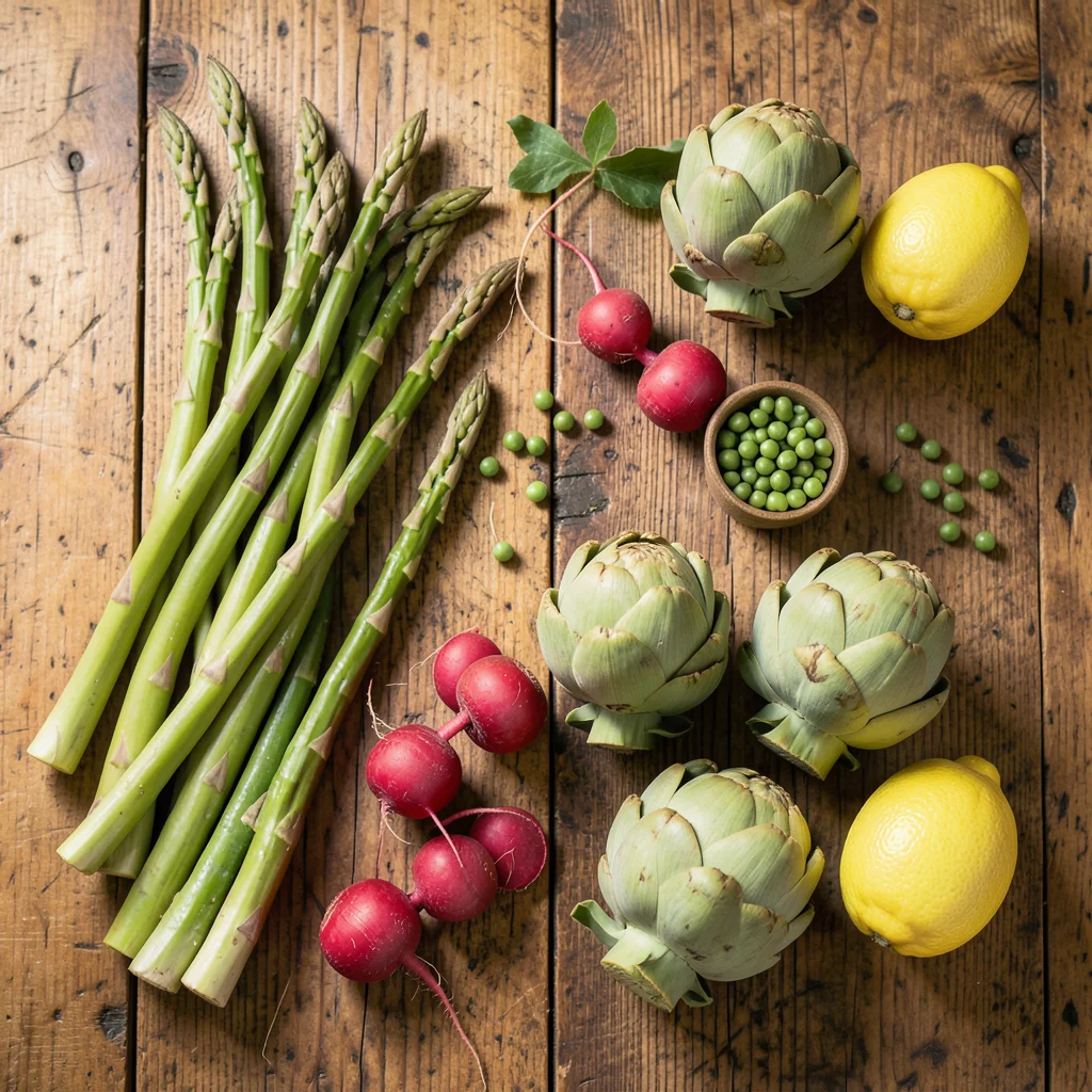 Flat lay of spring vegetables arranged by color: asparagus, peas, radishes, arti