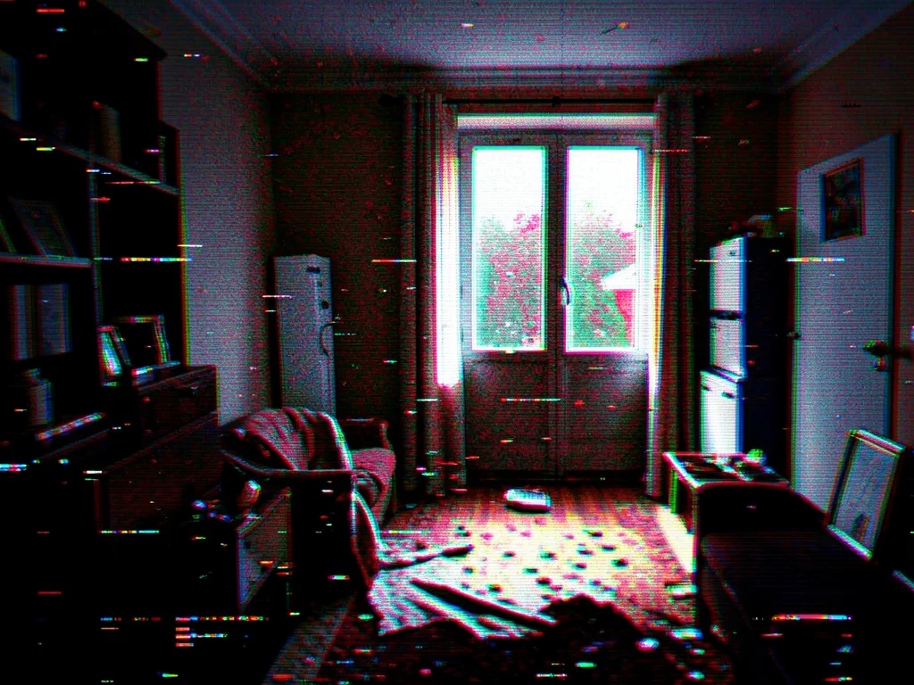 Interior room with selective JPEG artifact amplification, blockiness cranked to 