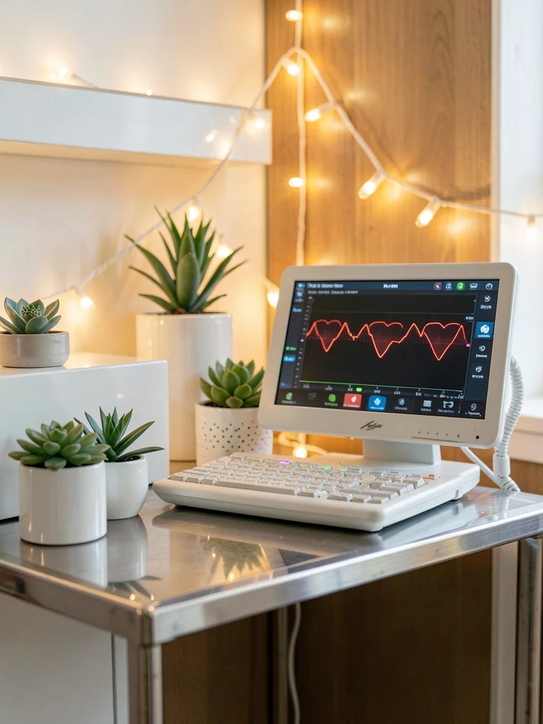 Medical monitor displaying heart rate, surrounded by succulents and string light