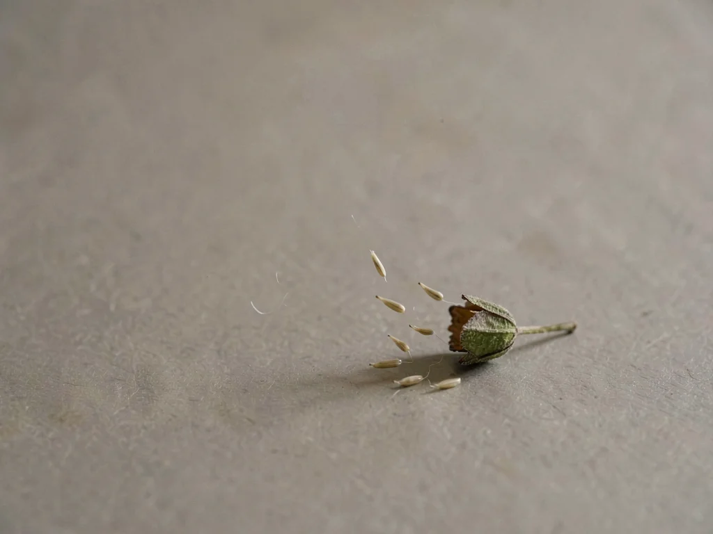 One open milkweed pod set low-right on warm-grey paper, silken seeds beginning t