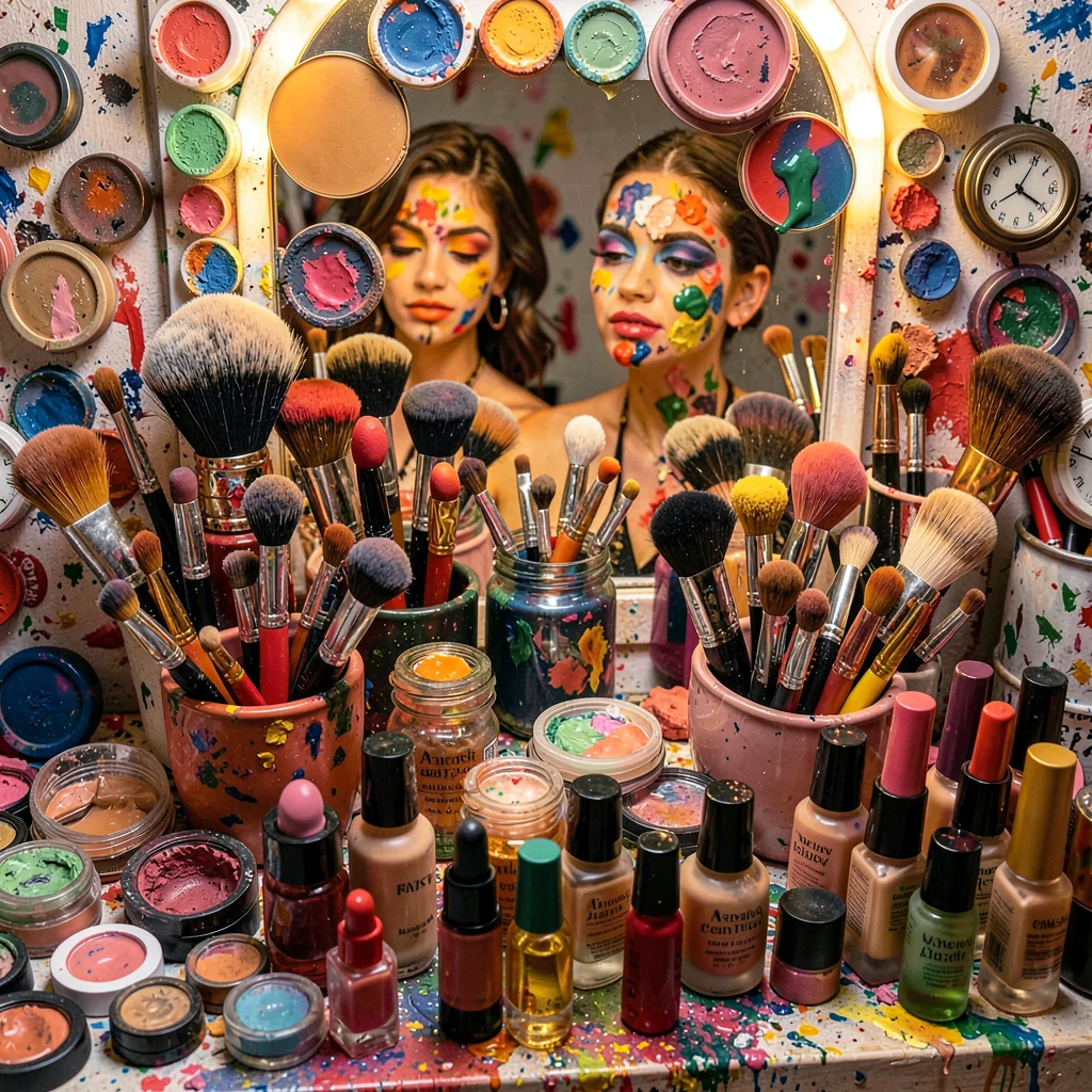 Densely layered composition, rich saturated colors, Makeup vanity covered in pal