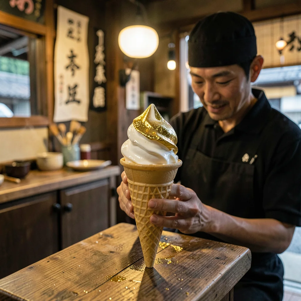 Kanazawa gold leaf craft, extreme delicacy, ice cream cone with gold leaf wrappe