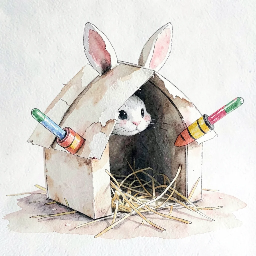 A pop-up paper rabbit hutch with torn-paper hay and crayon carrot ends sticking 