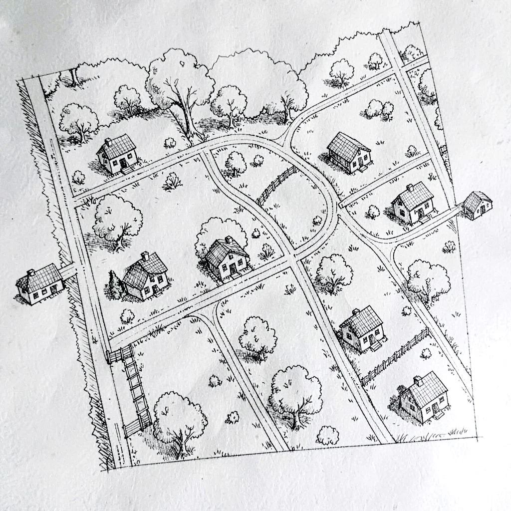 hand-drawn village plan with cottage icons and lanes, no text
