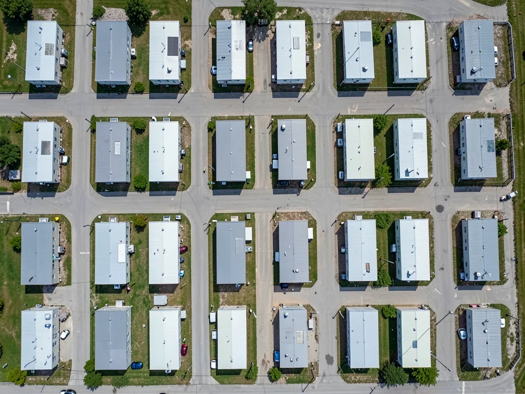Mobile home park from above, rectangular units in perfect rows