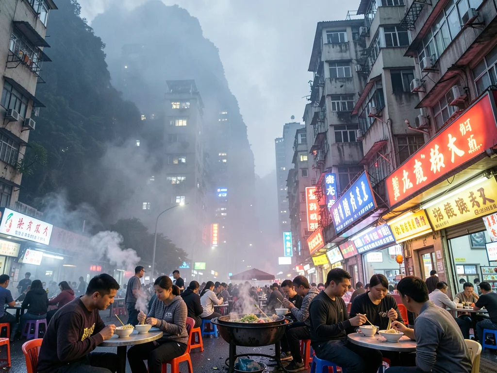 Workers eating xiao mian in mist