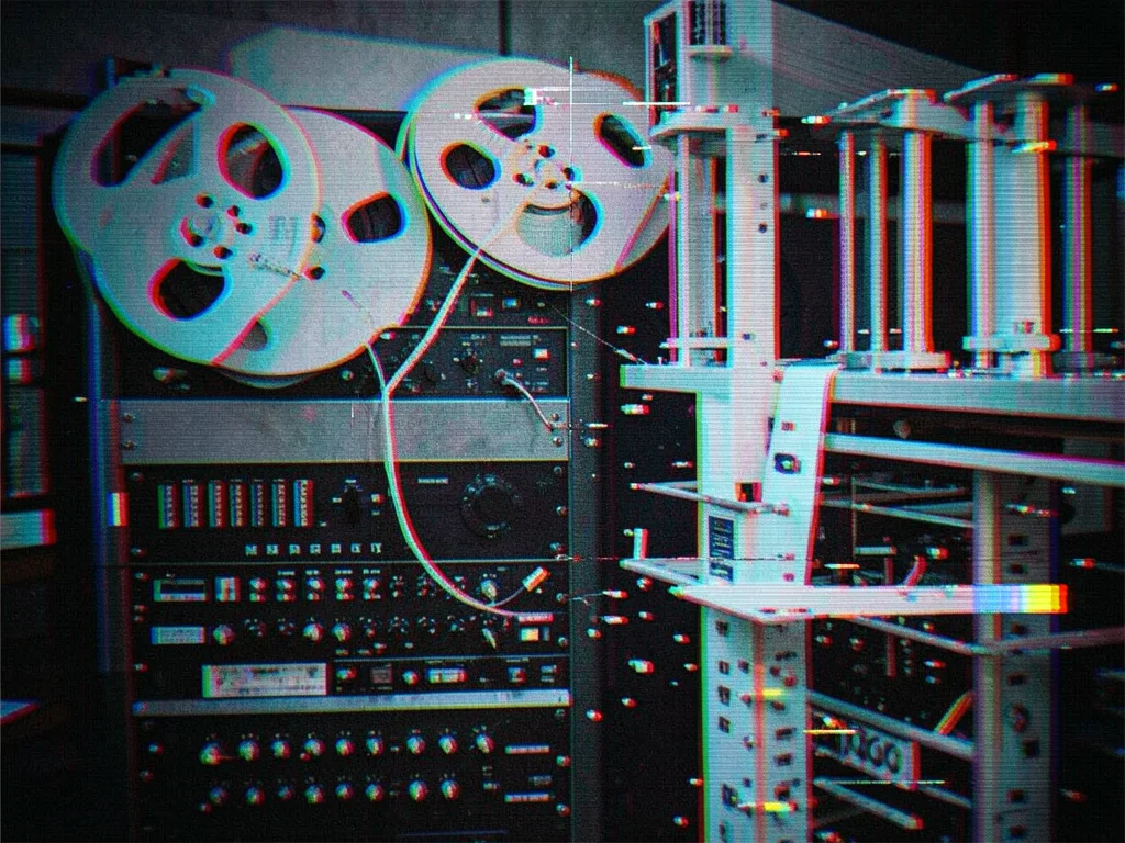 Magnetic tape reels on mainframe, vacuum columns with tape loops