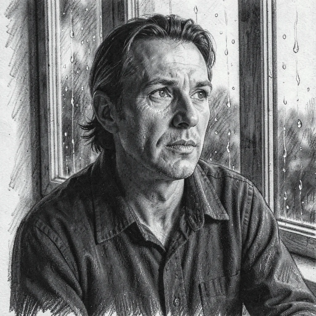 Vertical charcoal portrait of an author looking out a rain-streaked window, smud