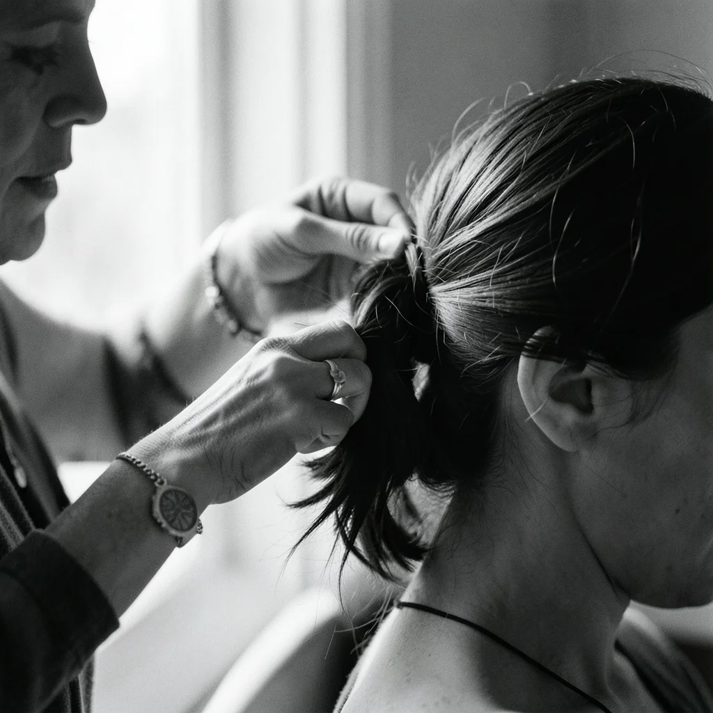 A woman's hands braiding another woman's hair, the fingers and strands caught mi
