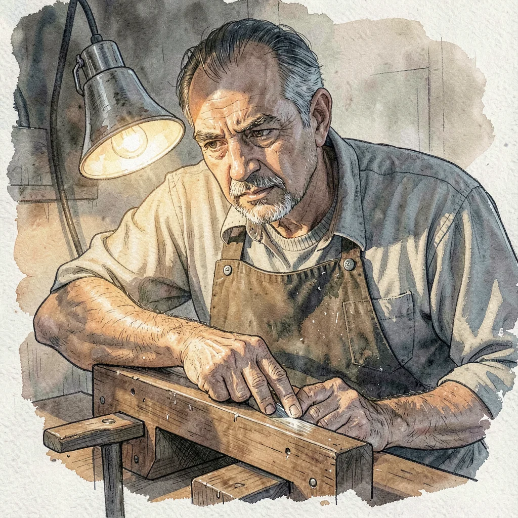 Lamp-lit artisan portrait of a master saw sharpener leaning over the saw vise wi