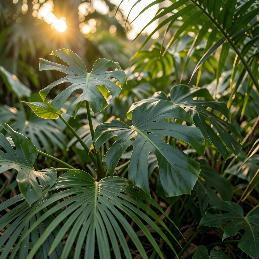 Tropical leaf pattern, overlapping monstera and palm fronds, deep greens