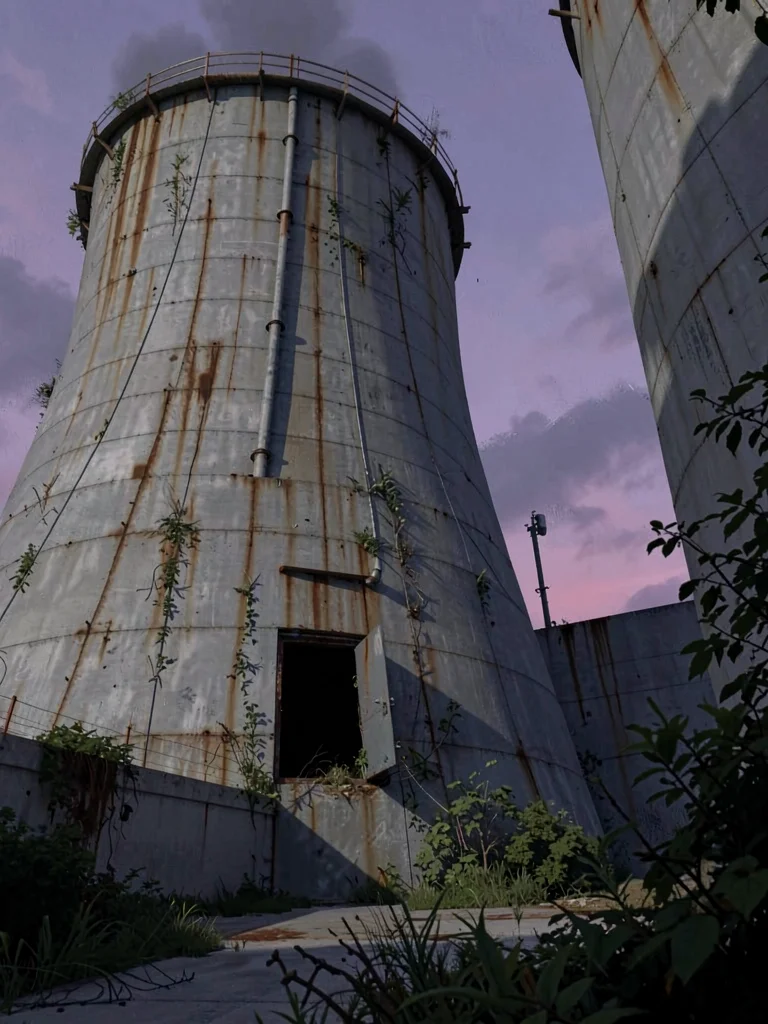 Cooling tower exterior at twilight with violet sky against the curving concrete 