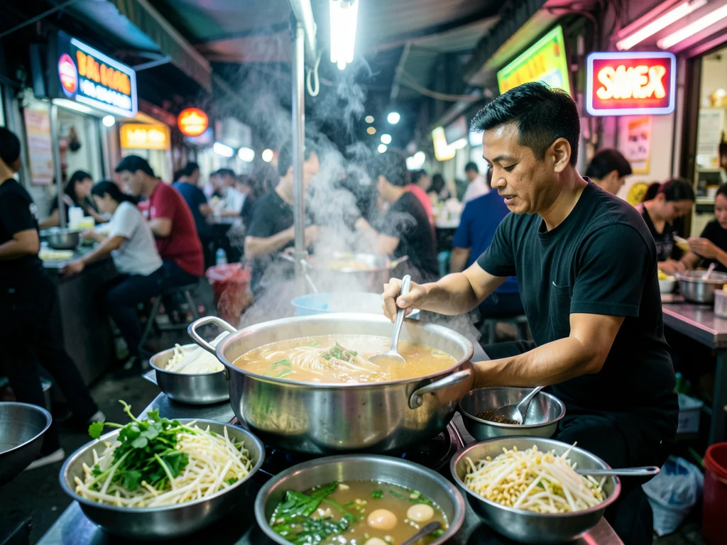 A pho stall in Hanoi, a massive pot of broth simmering, the vendor ladling into 