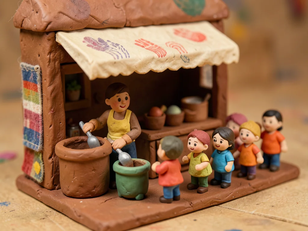 A tiny clay ice cream shop: a vendor scooping from clay tubs, a queue of small c