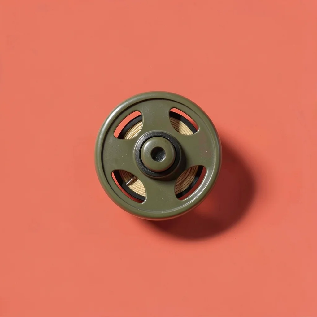 Sharp catalog hero of a single olive fly reel centered on a saturated coral back