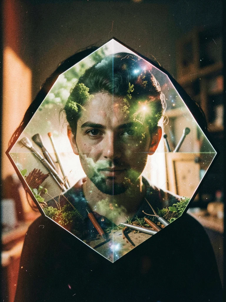 Workshop tools merged with portrait, double exposure, hexagonal framing