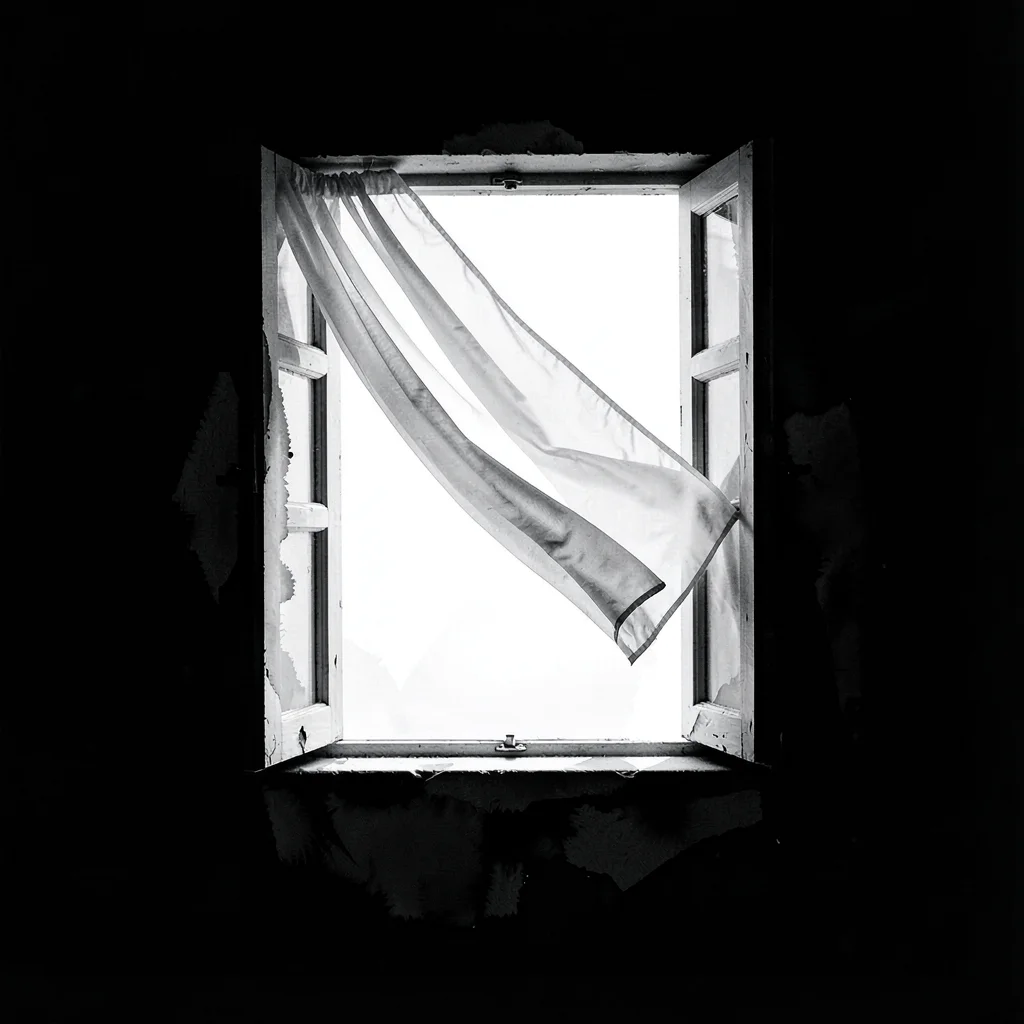 Stark minimalist composition, high contrast black and white tones, An open windo