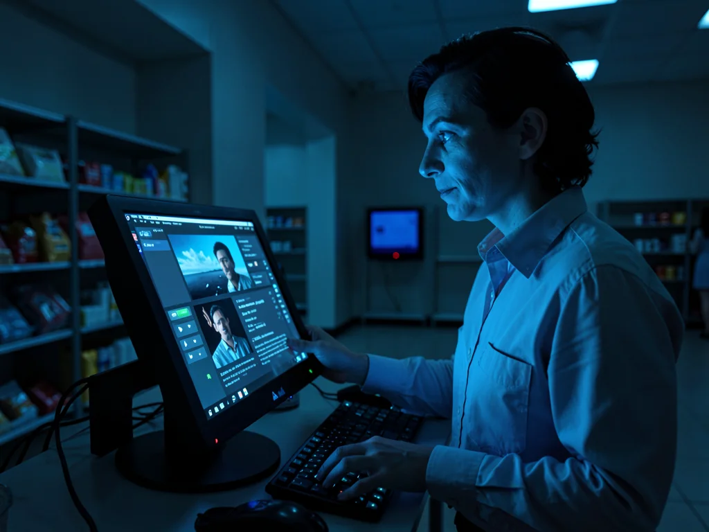 Cashier's face lit by register screen, late shift, empty store, the retail isola