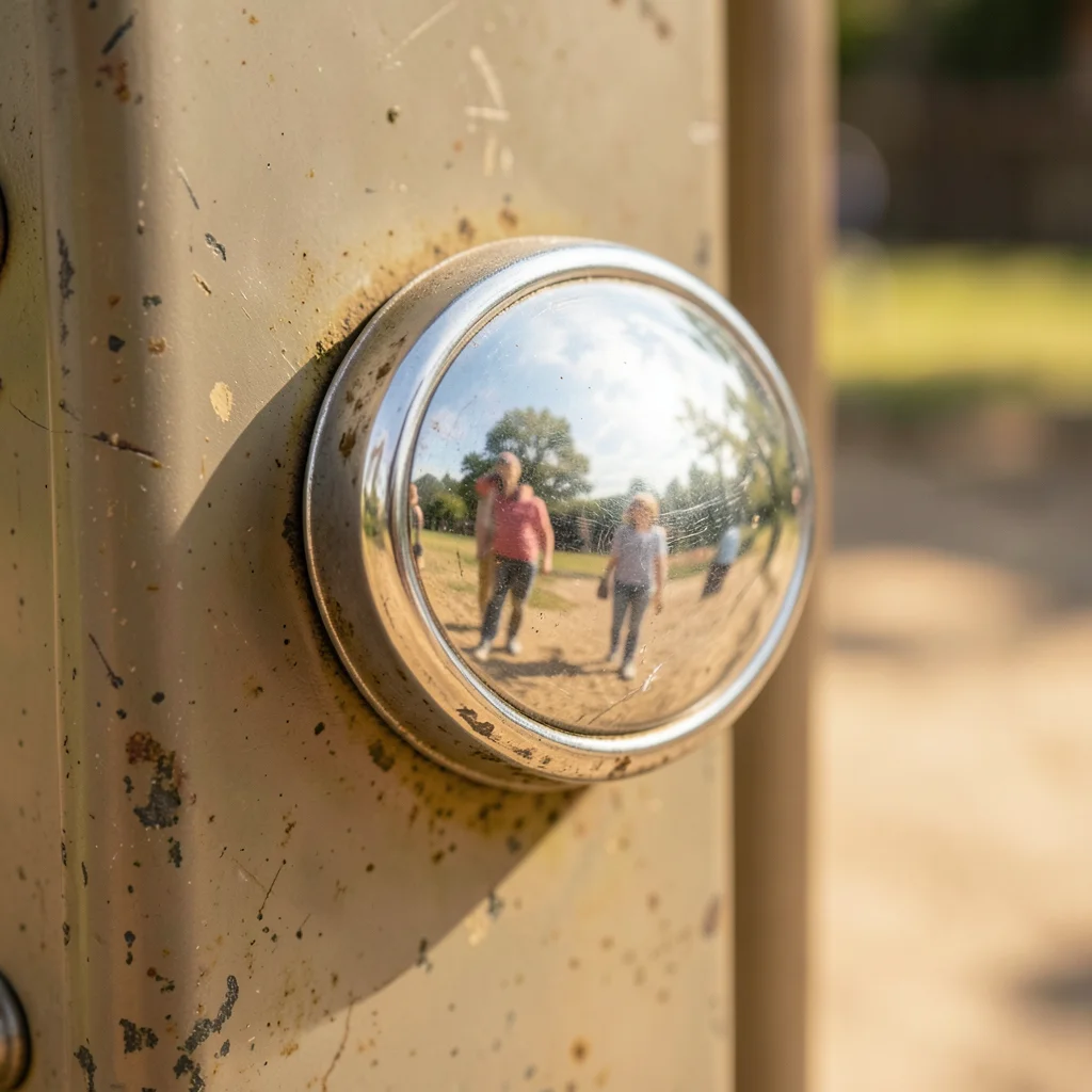 A drinking fountain button, the chrome pressed by thousands of tiny thumbs to a 