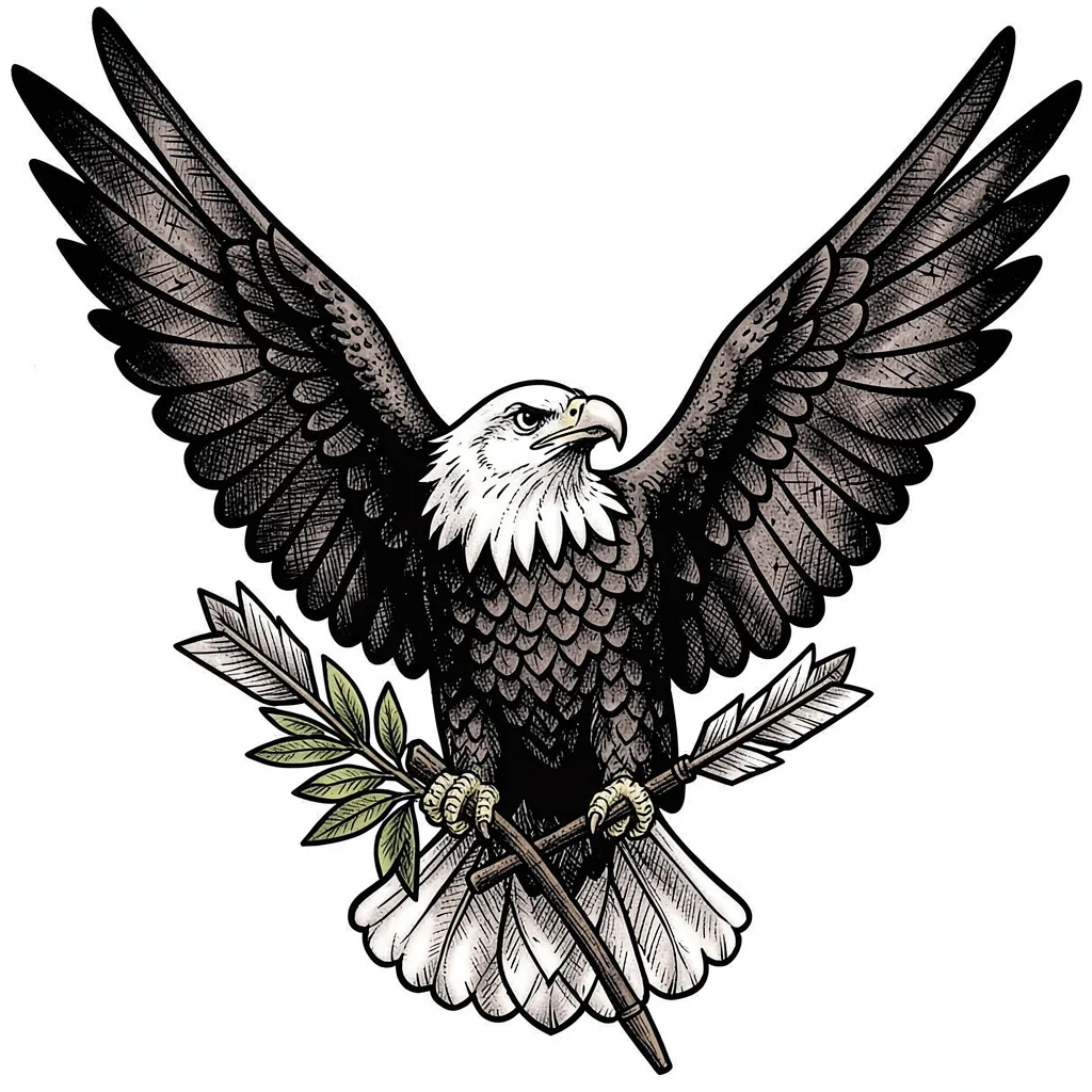 Traditional tattoo flash illustration, American bald eagle with wings spread wid