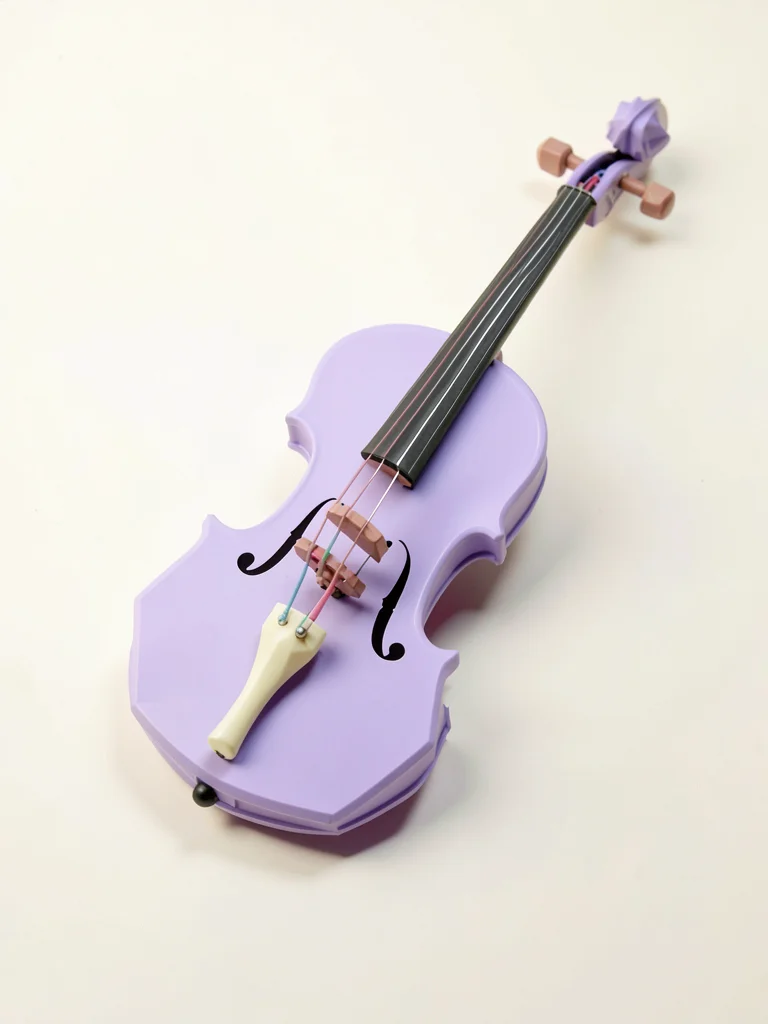 Bowed lavender lowpoly violin with a faceted cream chin rest and dusty-pink stri