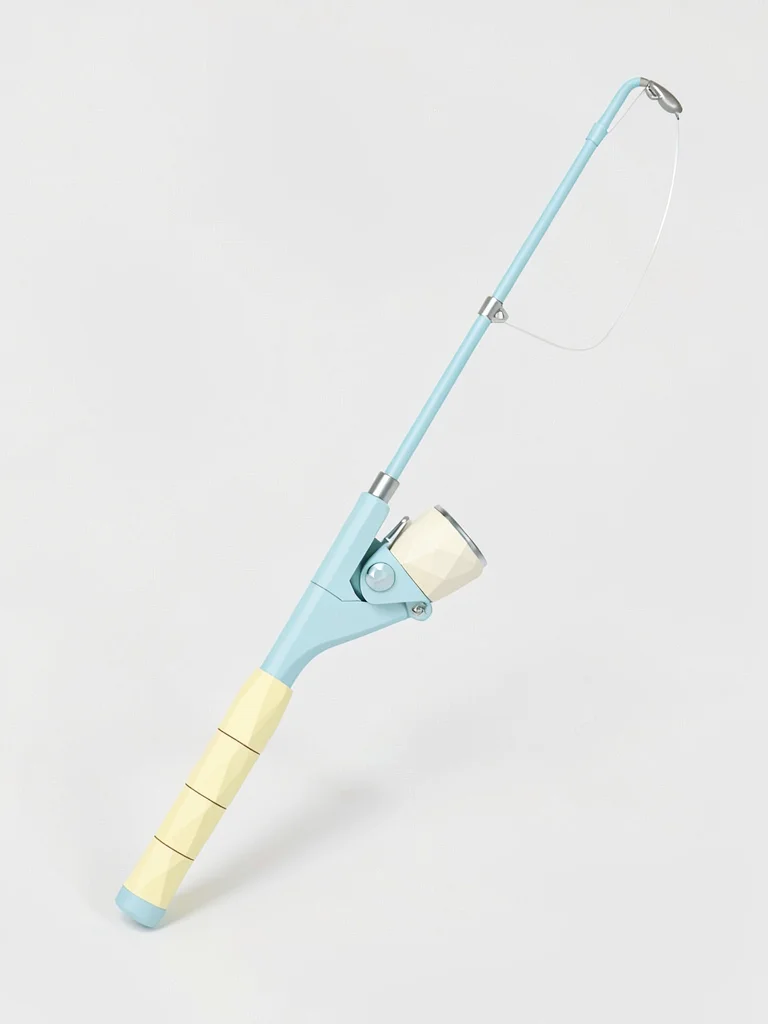 Reeled sky-blue lowpoly fishing rod with a triangulated cream reel and butter-ye