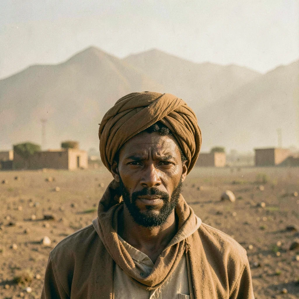 Golden Harmattan dust haze in Bamako, Mali, Tuareg man in tagelmust turban, only