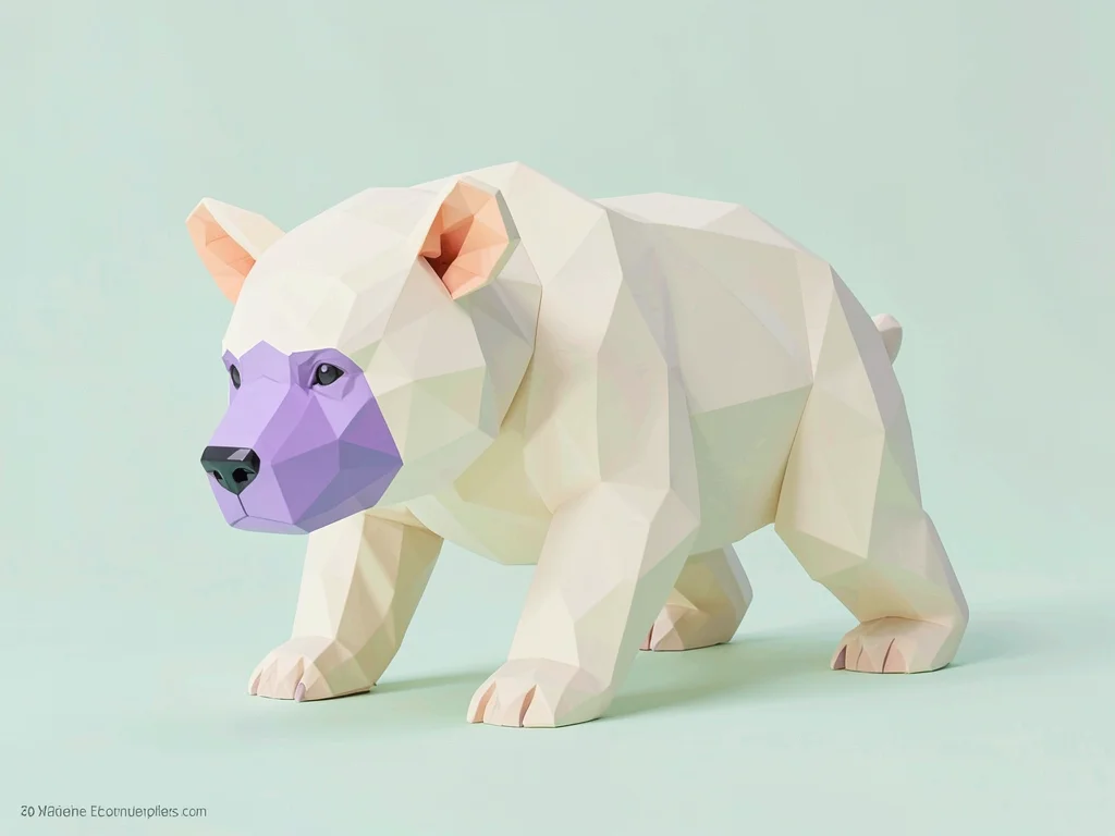 Lumbering cream lowpoly bear on all fours with a chunky lavender muzzle and peac