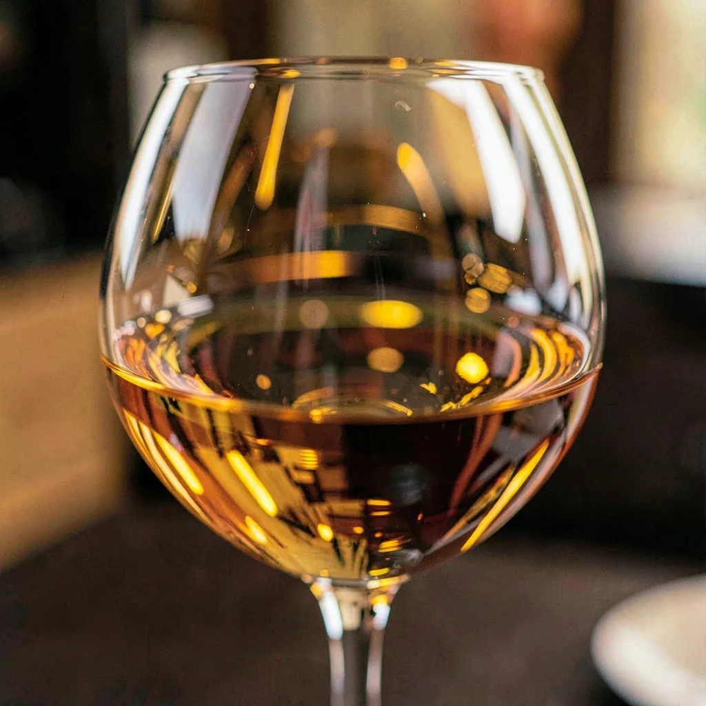 Macro of amber liquid swirling against the side of a tasting glass