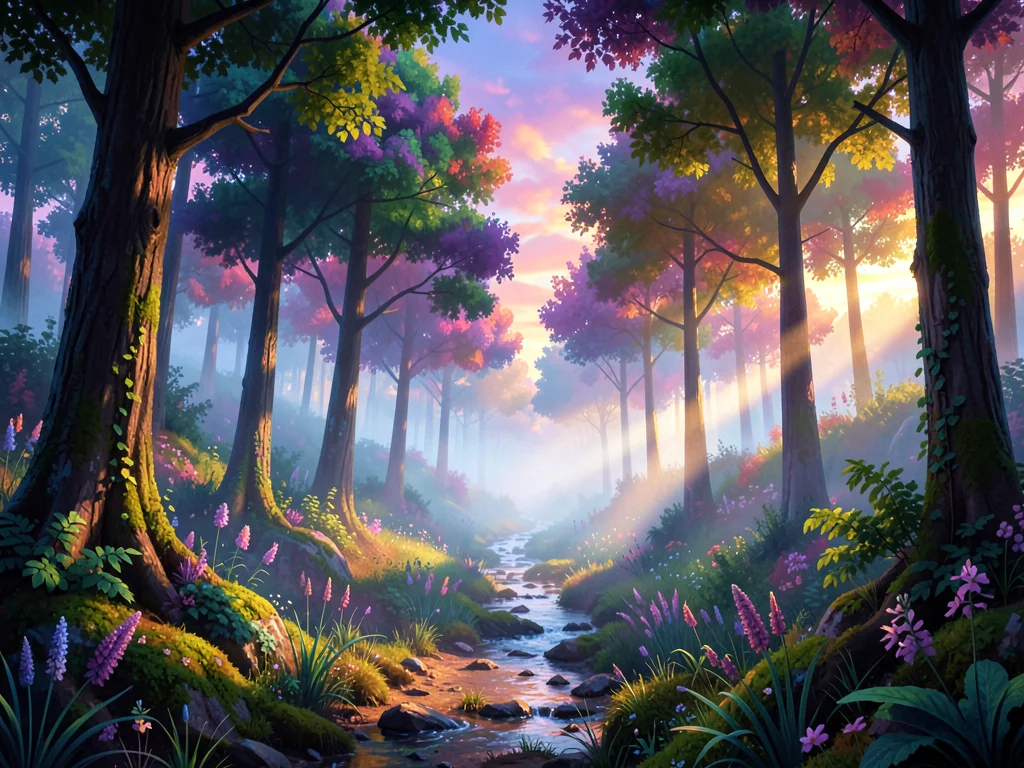 A breathtaking surreal landscape, dreamlike atmosphere,. misty forest trail at d